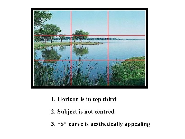 1. Horizon is in top third 2. Subject is not centred. 3. “S” curve