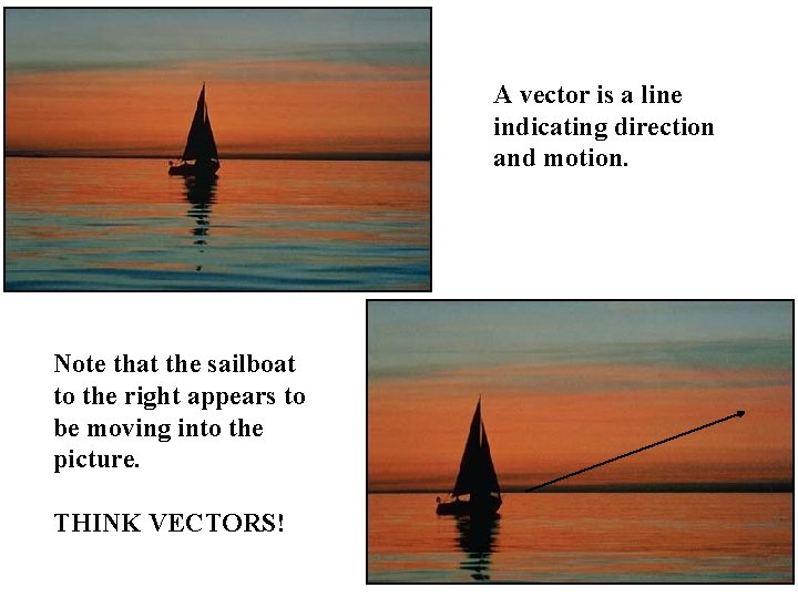 A vector is a line indicating direction and motion. Note that the sailboat to