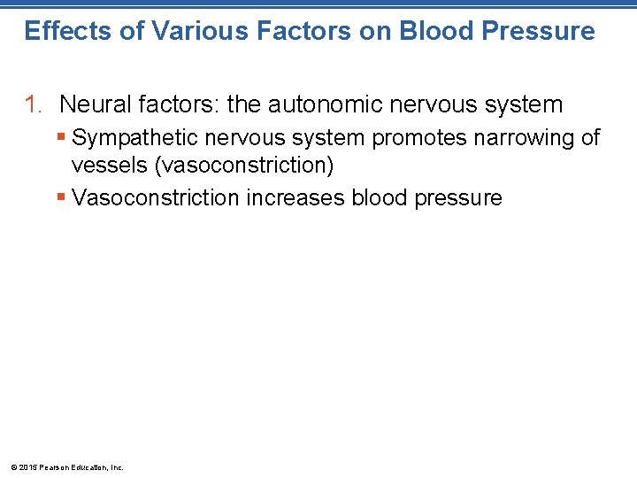 Effects of Various Factors on Blood Pressure 1. Neural factors: the autonomic nervous system Effects of Various Factors on Blood Pressure 1. Neural factors: the autonomic nervous system