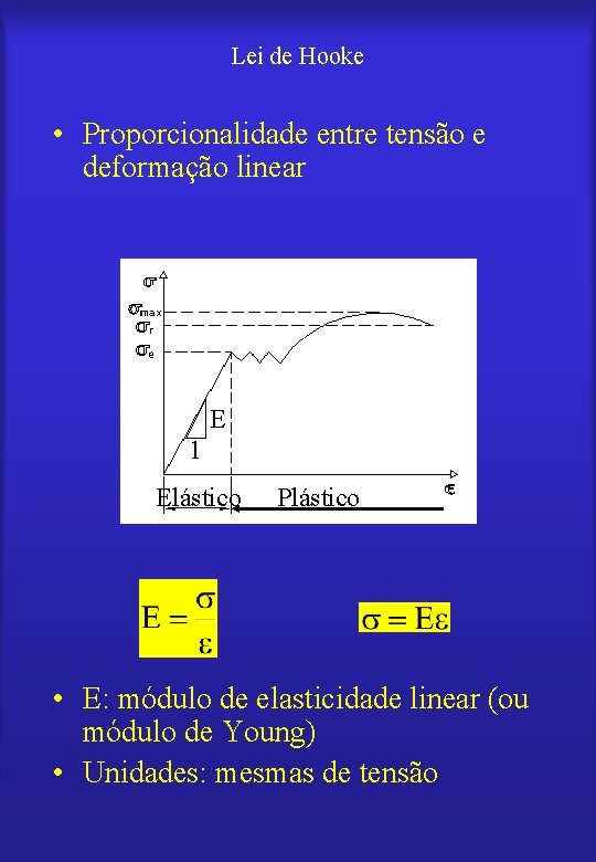 Lei de Hooke • Proporcionalidade entre tensão e deformação linear E 1 Elástico Plástico