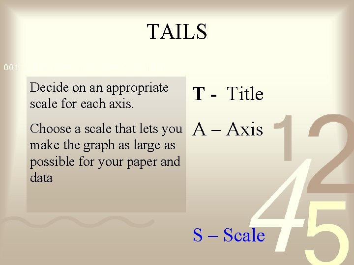 TAILS Decide on an appropriate scale for each axis. T - Title Choose a