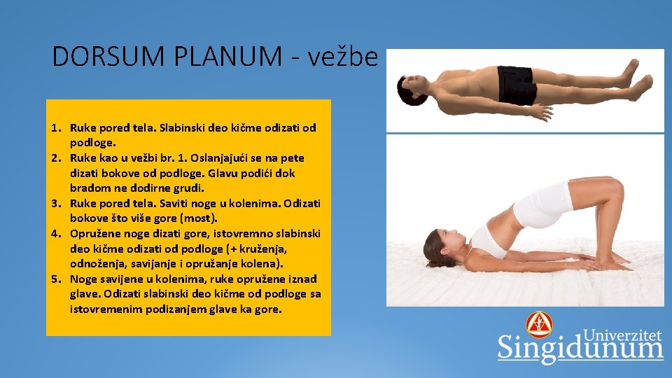 DORSUM PLANUM - vežbe § POČETNI POLOŽAJ LEŽEĆI NA 1. Ruke pored tela. Slabinski