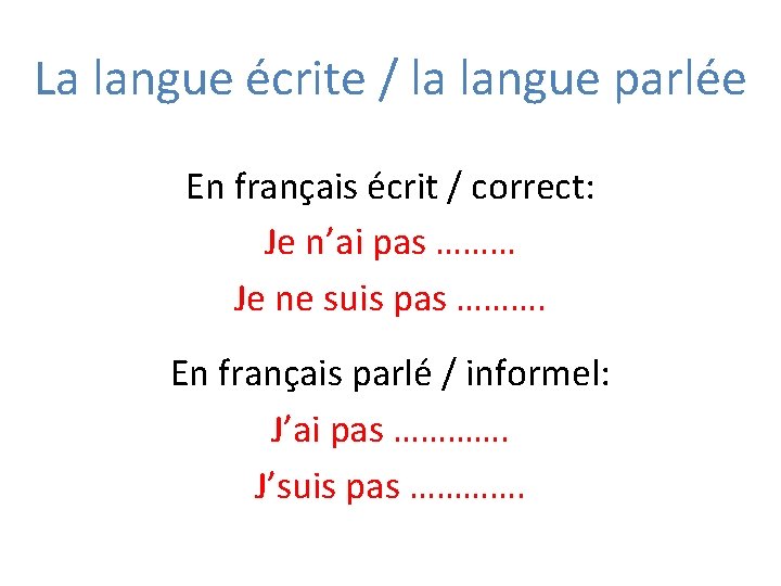 La langue écrite / la langue parlée En français écrit / correct: Je n’ai