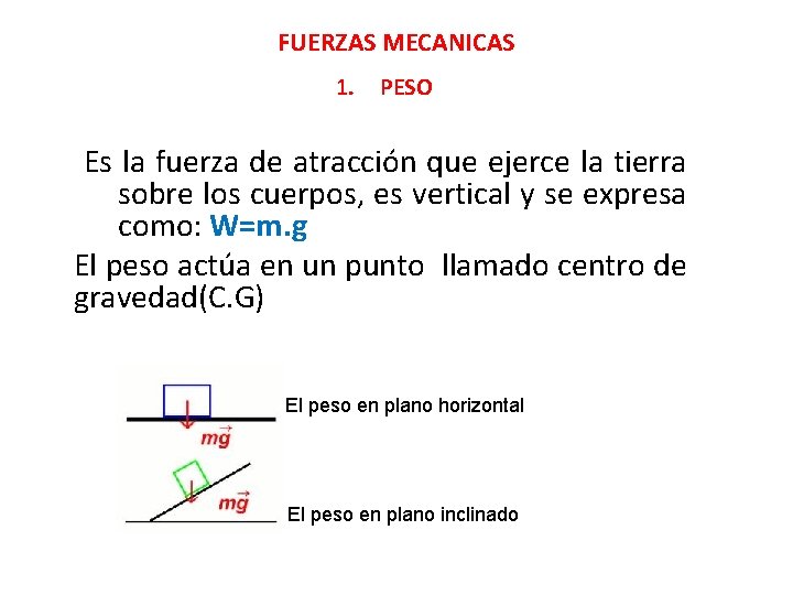 FUERZAS MECANICAS 1. PESO Es la fuerza de atracción que ejerce la tierra sobre