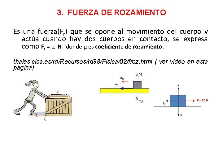 3. FUERZA DE ROZAMIENTO Es una fuerza(Fr) que se opone al movimiento del cuerpo