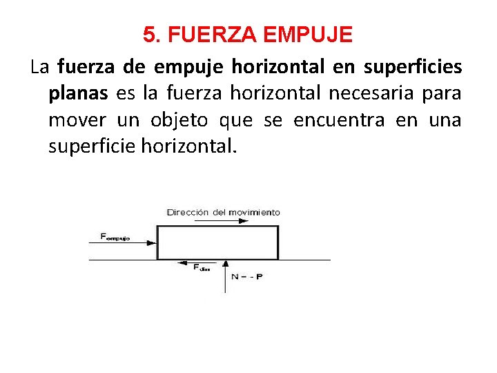 5. FUERZA EMPUJE La fuerza de empuje horizontal en superficies planas es la fuerza