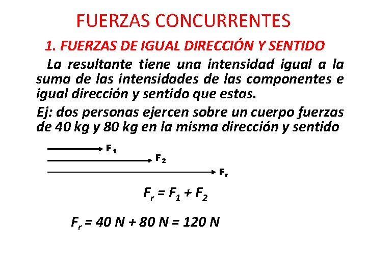 FUERZAS CONCURRENTES 1. FUERZAS DE IGUAL DIRECCIÓN Y SENTIDO La resultante tiene una intensidad