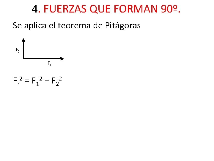 4. FUERZAS QUE FORMAN 90º. Se aplica el teorema de Pitágoras F 2 F