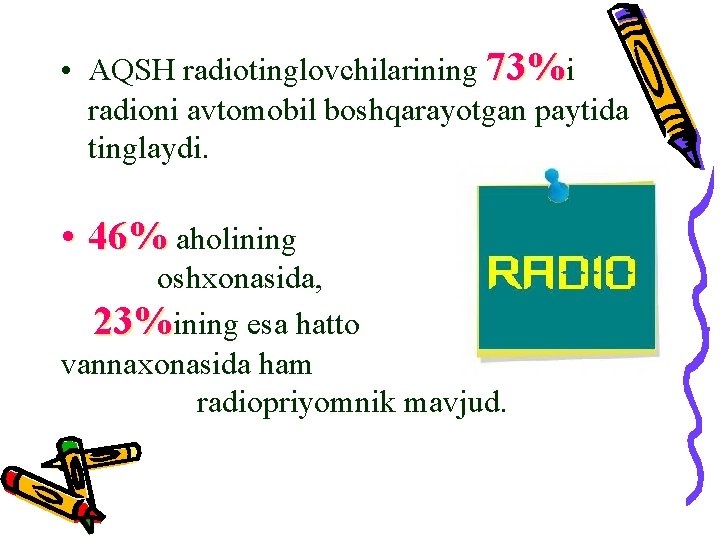  • AQSH radiotinglovchilarining 73%i radioni avtomobil boshqarayotgan paytida tinglaydi. • 46% aholining oshxonasida,