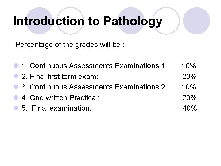 Introduction to Pathology Percentage of the grades will be : l l l 1.