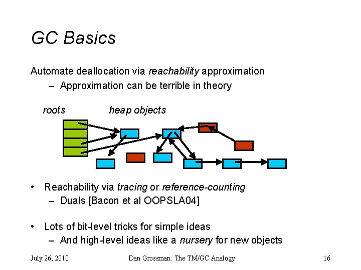 GC Basics Automate deallocation via reachability approximation – Approximation can be terrible in theory