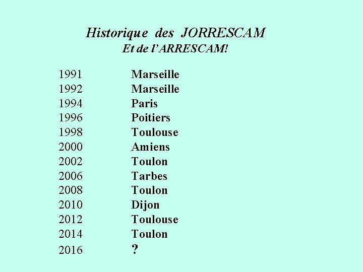 Historique des JORRESCAM Et de l’ARRESCAM! 1991 1992 1994 1996 1998 2000 2002 2006