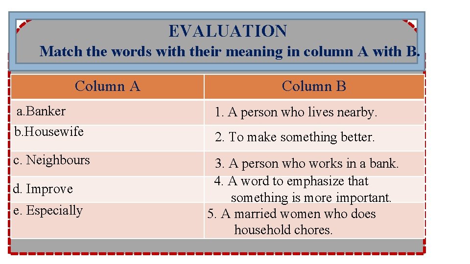 EVALUATION Match the words with their meaning in column A with B. Column A