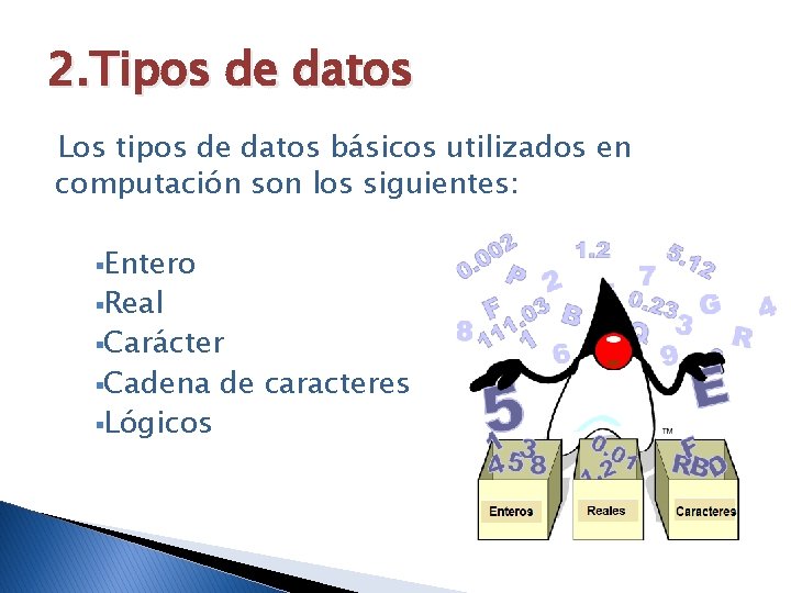 2. Tipos de datos Los tipos de datos básicos utilizados en computación son los