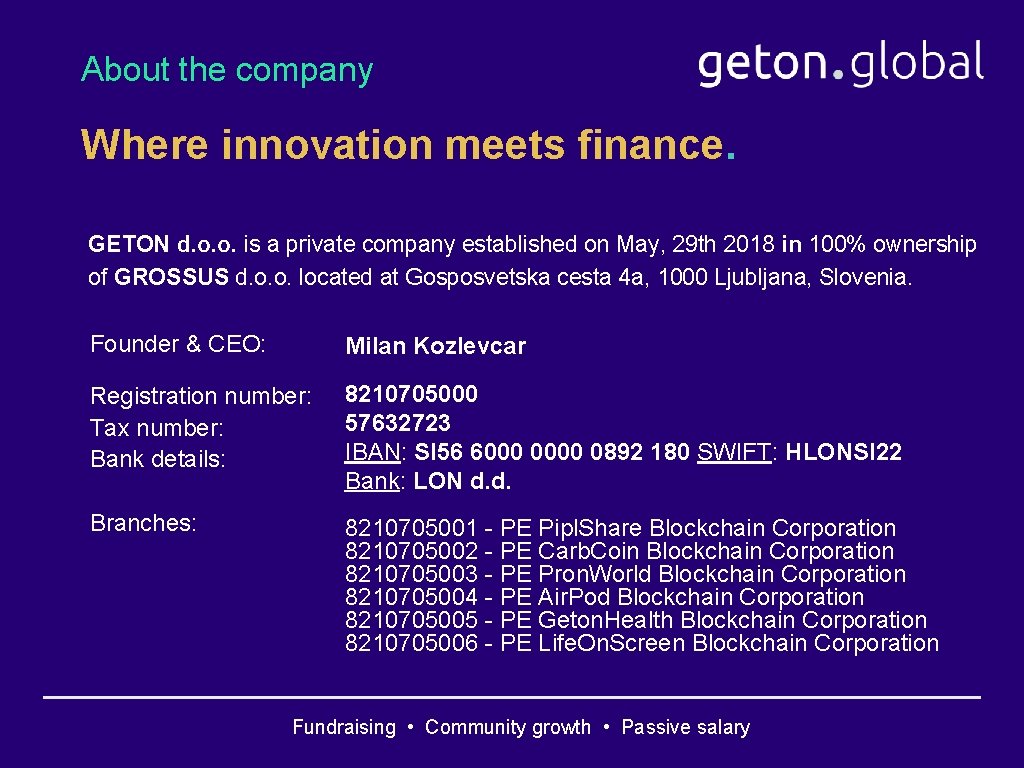 About the company Where innovation meets finance. GETON d. o. o. is a private