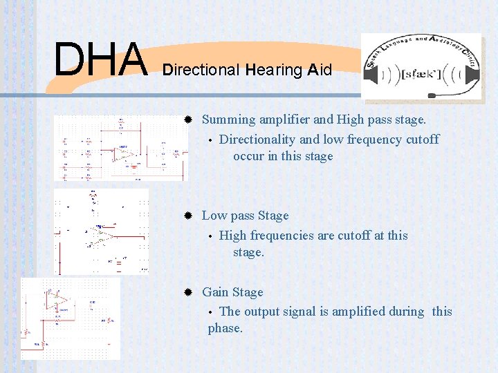 DHA Directional Hearing Aid ® Summing amplifier and High pass stage. • Directionality and