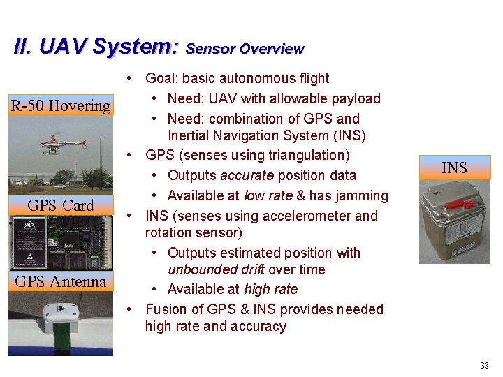 II. UAV System: Sensor Overview R-50 Hovering GPS Card GPS Antenna • Goal: basic