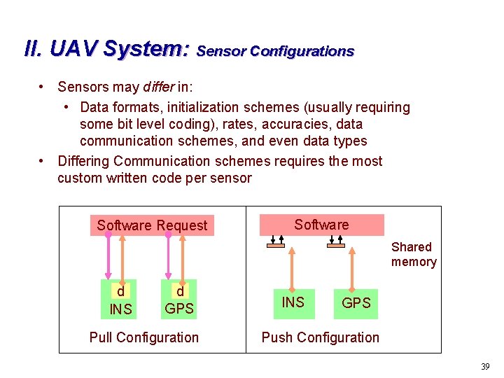II. UAV System: Sensor Configurations • Sensors may differ in: • Data formats, initialization