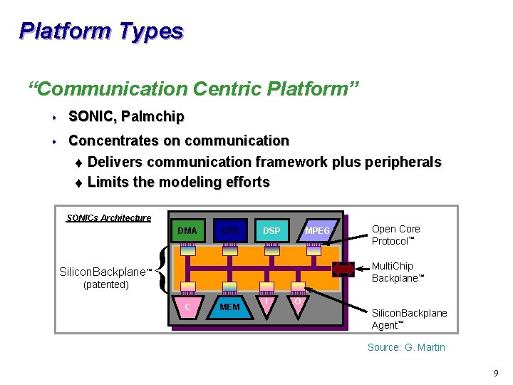 Platform Types “Communication Centric Platform” s SONIC, Palmchip s Concentrates on communication t Delivers
