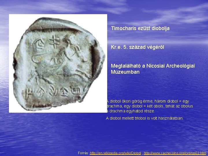 Timocharis ezüst diobolja Kr. e. 5. század végéről Megtalálható a Nicosiai Archeológiai Múzeumban A