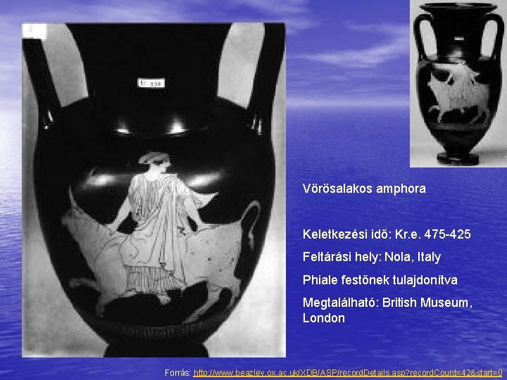 Vörösalakos amphora Keletkezési idő: Kr. e. 475 -425 Feltárási hely: Nola, Italy Phiale festőnek