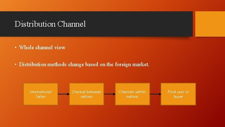 Distribution Channel • Whole channel view • Distribution methods change based on the foreign