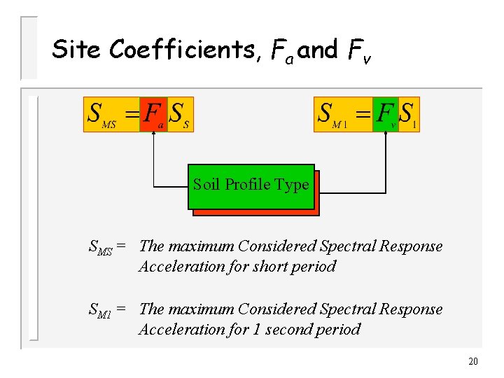 Site Coefficients, Fa and Fv Soil Profile Type SMS = The maximum Considered Spectral