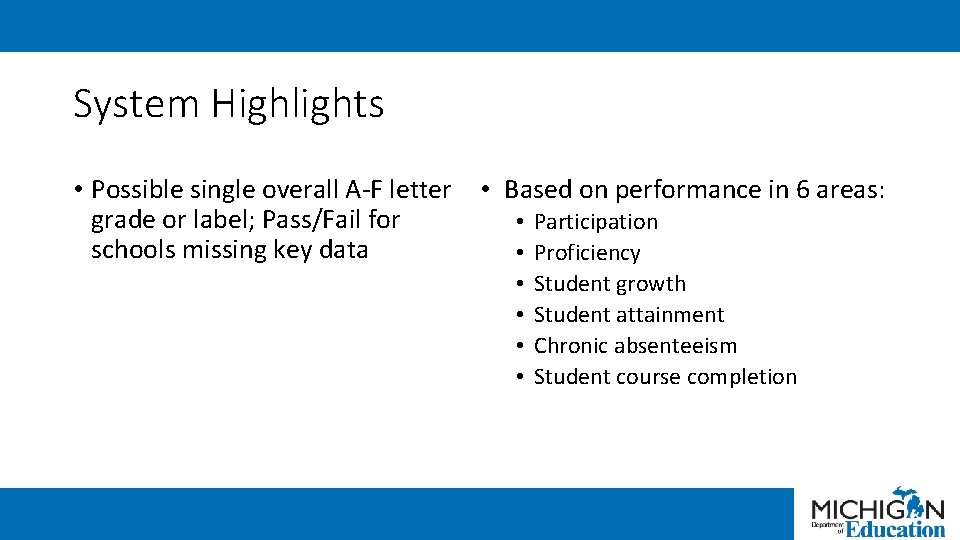System Highlights • Possible single overall A-F letter • Based on performance in 6