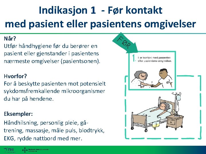 Indikasjon 1 - Før kontakt med pasient eller pasientens omgivelser Når? Utfør håndhygiene før