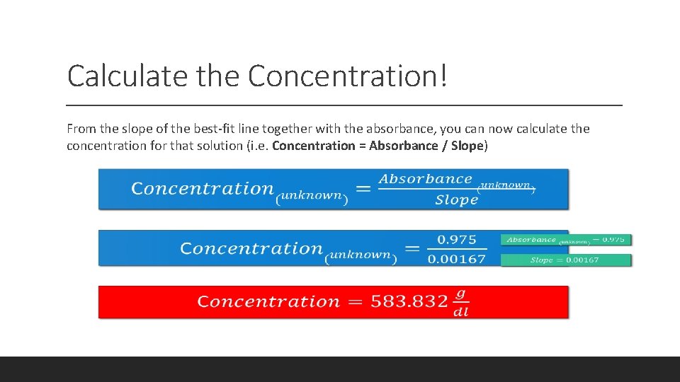 Calculate the Concentration! From the slope of the best-fit line together with the absorbance,