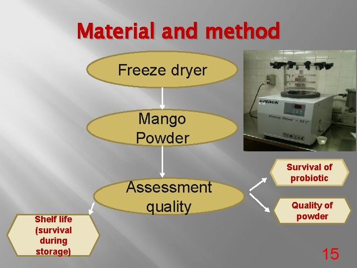 Material and method Freeze dryer Mango Powder Shelf life (survival during storage) Assessment quality