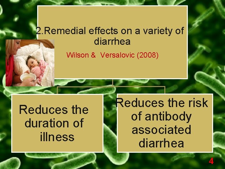 2. Remedial effects on a variety of diarrhea Wilson & Versalovic (2008) Reduces the