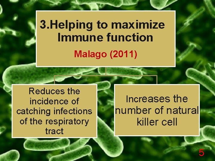 3. Helping to maximize Immune function Malago (2011) Reduces the incidence of catching infections