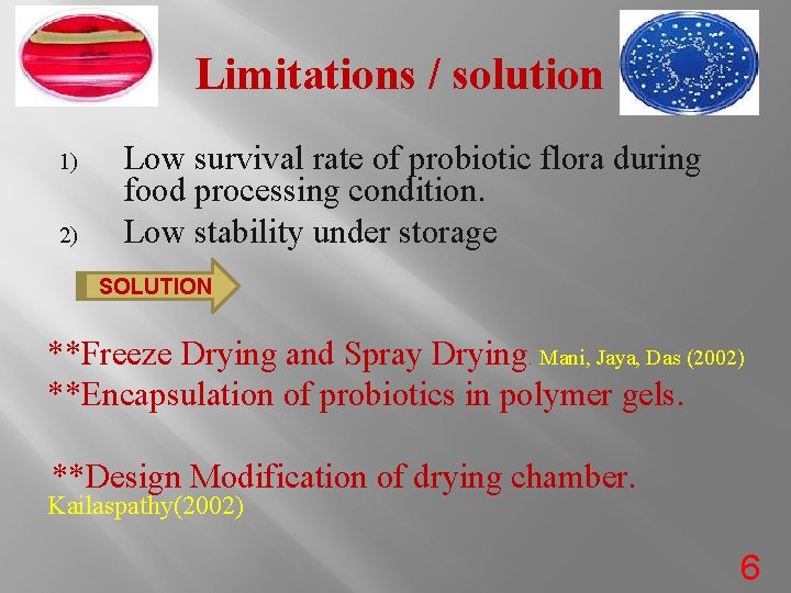 Limitations / solution 1) 2) Low survival rate of probiotic flora during food processing