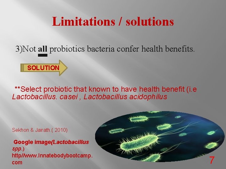 Limitations / solutions 3)Not all probiotics bacteria confer health benefits. SOLUTION **Select probiotic that