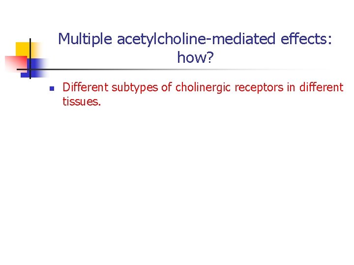 Multiple acetylcholine-mediated effects: how? n Different subtypes of cholinergic receptors in different tissues. Multiple acetylcholine-mediated effects: how? n Different subtypes of cholinergic receptors in different tissues.