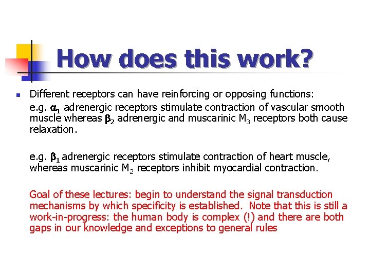 How does this work? n Different receptors can have reinforcing or opposing functions: e.