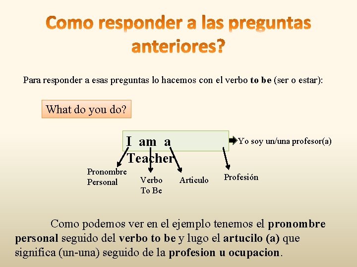 Para responder a esas preguntas lo hacemos con el verbo to be (ser o