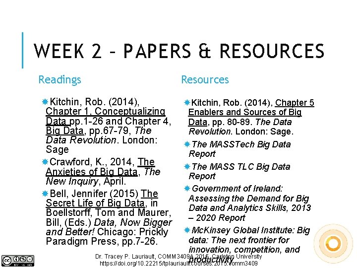 WEEK 2 – PAPERS & RESOURCES Resources Readings Kitchin, Rob. (2014), Chapter 1, Conceptualizing