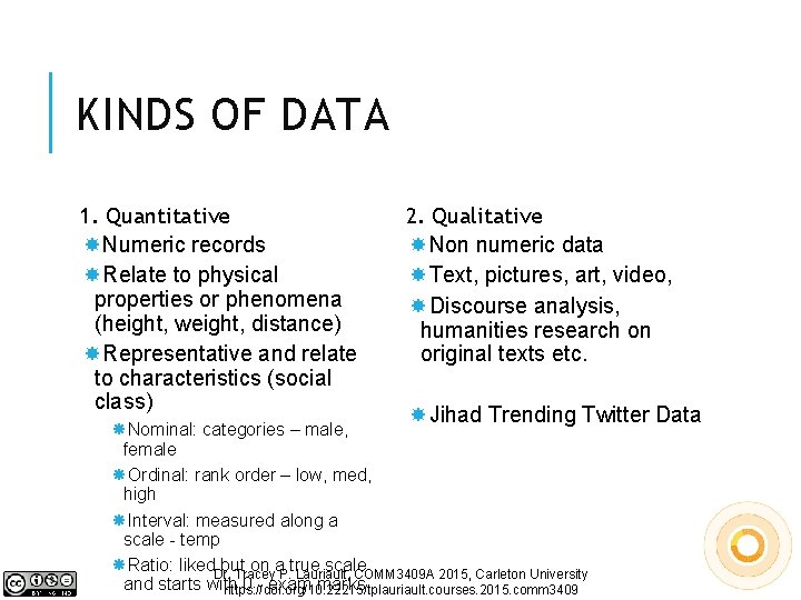 KINDS OF DATA 1. Quantitative Numeric records Relate to physical properties or phenomena (height,