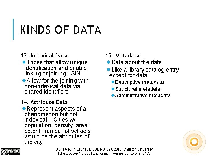 KINDS OF DATA 13. Indexical Data Those that allow unique identification and enable linking