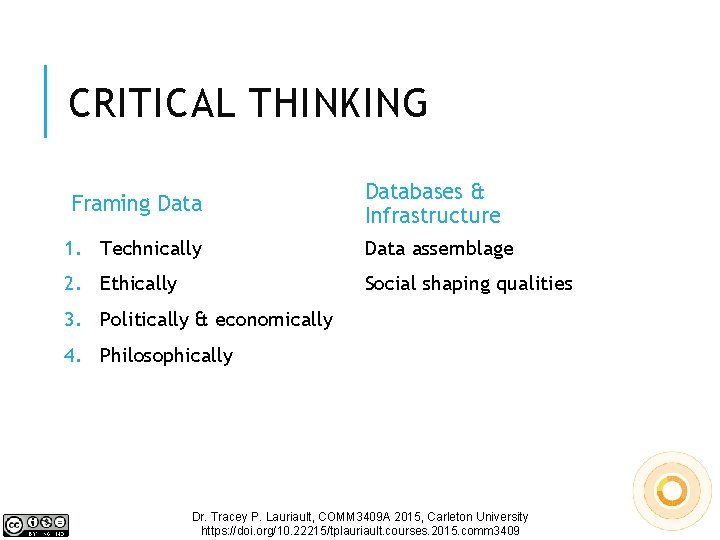 CRITICAL THINKING Framing Databases & Infrastructure 1. Technically Data assemblage 2. Ethically Social shaping