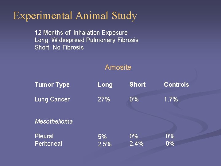 Experimental Animal Study 12 Months of Inhalation Exposure Long: Widespread Pulmonary Fibrosis Short: No