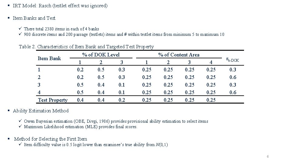 § IRT Model: Rasch (testlet effect was ignored) § Item Banks and Test ü