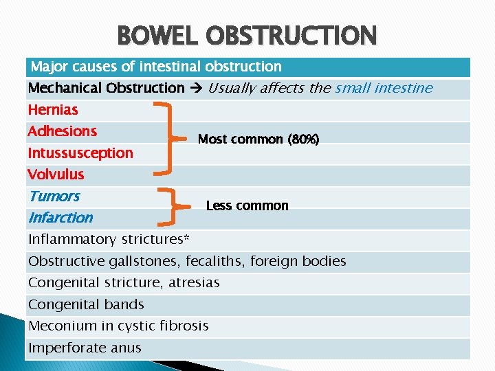 BOWEL OBSTRUCTION Major causes of intestinal obstruction Mechanical Obstruction Usually affects the small intestine