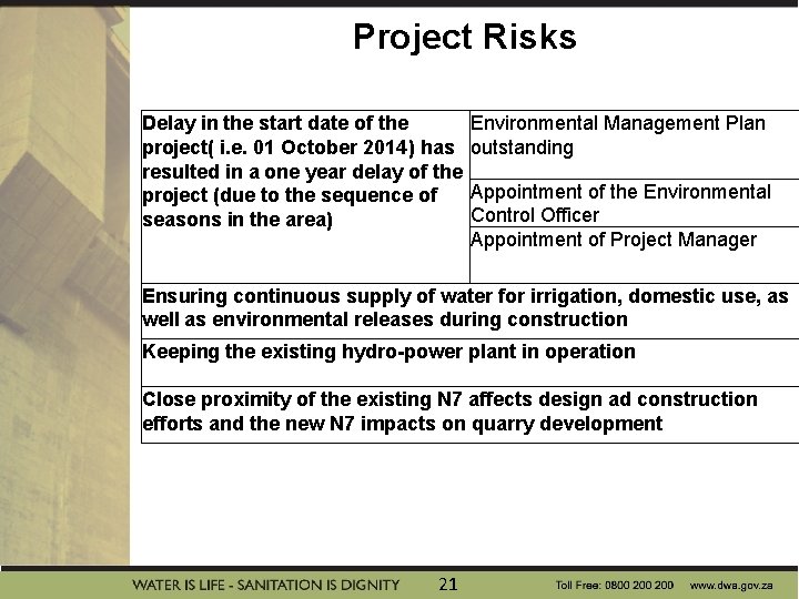 Project Risks Delay in the start date of the project( i. e. 01 October