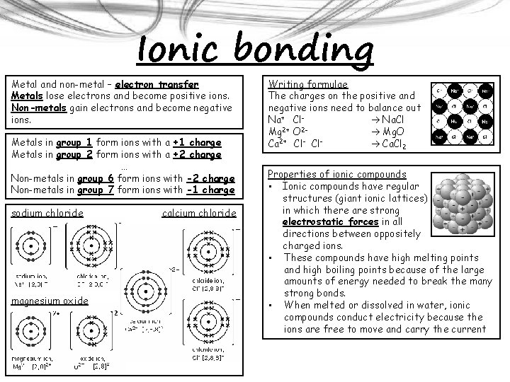 Ionic bonding Metal and non-metal – electron transfer Metals lose electrons and become positive