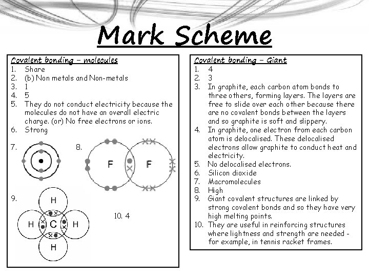 Mark Scheme Covalent bonding - molecules 1. Share 2. (b) Non metals and Non-metals
