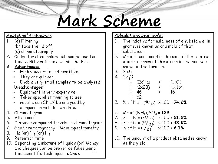 Mark Scheme Analytical techniques 1. (a) Filtering (b) take the lid off (c) chromatography