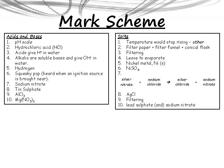Mark Scheme Acids and Bases 1. p. H scale 2. Hydrochloric acid (HCl) 3.